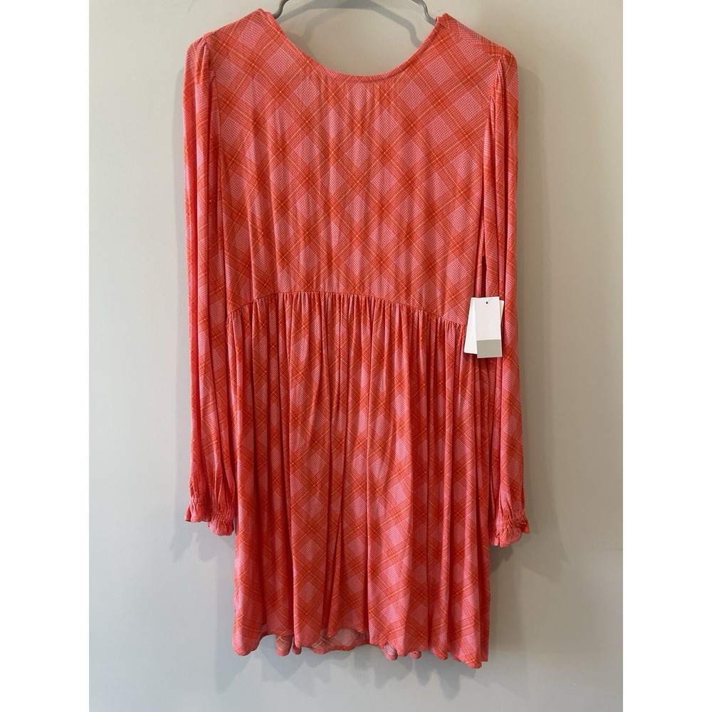 BP. Womens M Pink Red Ian Bias Plaid Long Balloon Sleeve Dress NWT